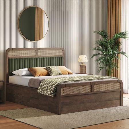 Hanoi Solid Wood + Cane Queen Size Hydraulic Storage Bed In Danish Walnut Finish, Fabric Deep Olive