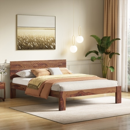 Kuba Solid Wood Queen Size Non Storage Bed In Teak Finish
