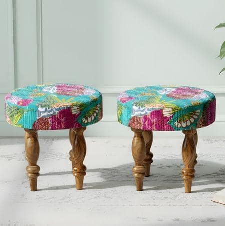 Roswell Sheesham Wood Mid Century Round Set of 2 Stools in Sea Green Fruit Print Kantha Upholstery