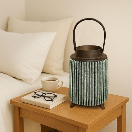 Luxe Home Hanging Bamboo Lantern with Handle or Glass Jar - 2025-330- Seige (26x17x17 cm)