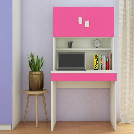 Corolla Kids Study Desk with Drawer Built In Bookshelf and Petal Handles in Barbie Pink Colour
