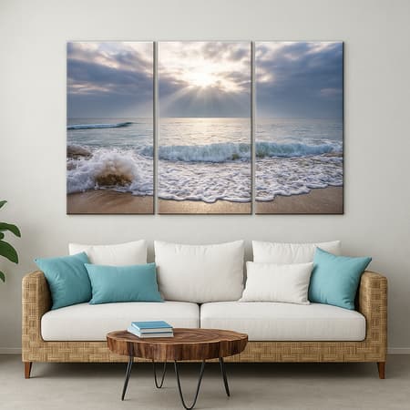 Truss Pcs White Blue Ocean Sunrise Printed Framed Canvas Wall Prints Set of 3 Multicolor Matte