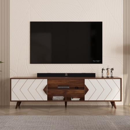 BLUEWUD Wilbrome Engineering Wood Floor Standing TV Entertainment Unit Set Top Box Stand/TV Panel Cabinet Panel with Shelves for Books & D�cor Display Unit, Upto 75 Inches (Brown Maple & White)