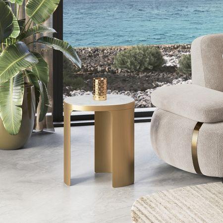 Riva Metal And White Banswara Side Table In Brushed Gold Finish