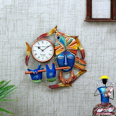 Blue Color Metal Handpainted Decorative Krishna Wall Clock By Craft Tree