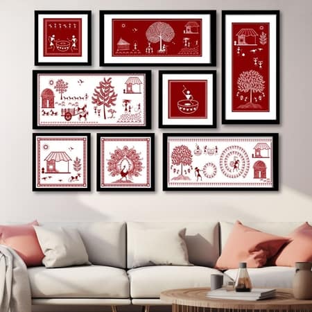 The Castle Decor Traditional Warli Art Wall Painting Set of 8 Design 3