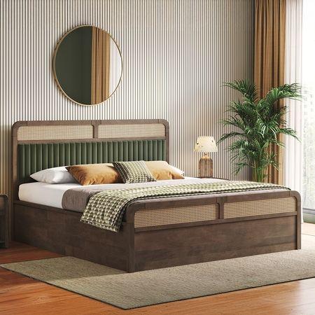 Hanoi Solid Wood + Cane King Size Hydraulic Storage Bed In Danish Walnut Finish, Fabric Deep Olive