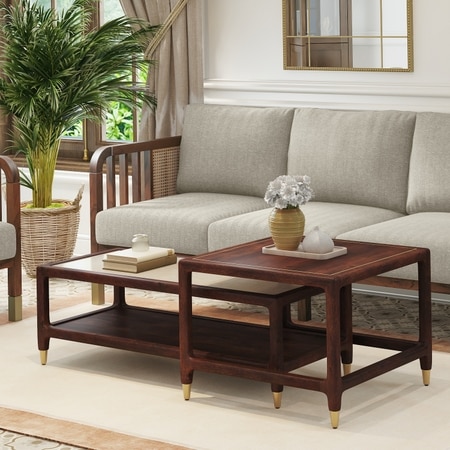 Sera Rectangular Marble and Square Solid Wood Nested Coffee Table in Walnut Finish