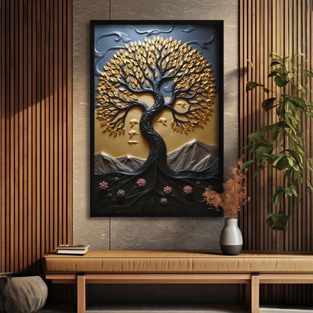 The Castle Decor Golden Wish Tree Wall Painting Framed Artwork 20x30 Inch