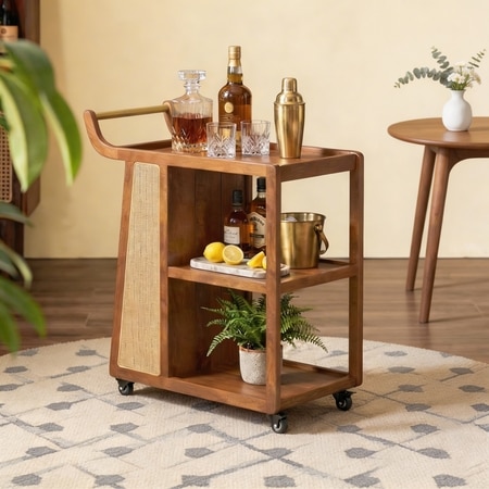 Yura Solid And Cane Bar Trolley In Amber Walnut Finish