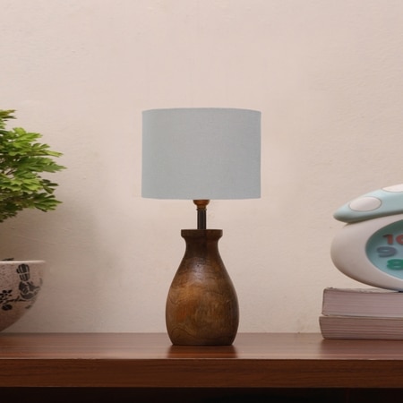 Devansh Grey Cotton Table Lamp With Wood Natural Base (7X13 Inches)-7