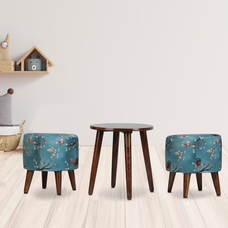 Genevra Solid Wood Ottomon in Blue Colour