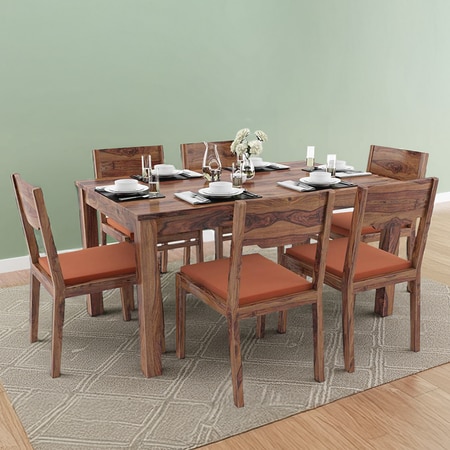 Arabia 6 Seater Dining Table With 6 Kerry Chairs (Chair Colour- Burnt Orange , Finish- Teak)