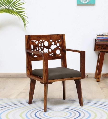 Lifty Sheesham Wood Arm Chair in Provincial Teak Finish With Olive Cushion