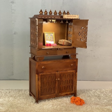 D'Dass Multi Color Mdf and Sheesham Wooden Temple With Cabinet For Pooja