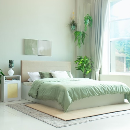 Bakhti Engineered Wood Queen Size Bed With Hydraulic Storage (Melamine Finish, White Colour)