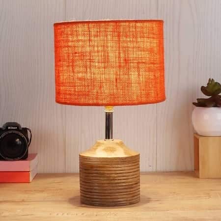 Grace Orange Natural Fiber Shade Table Lamp with Natural Wooden Base