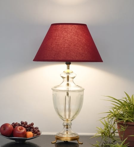 Mystic Hand Cut Rippled Glass And Brass Casted Metal Table Lamp With Maroon Cotton Shade