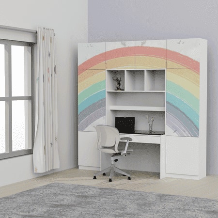 Rainbow Trails Study Table With Drawers, Cabinter And Multiple Storage In White Colour