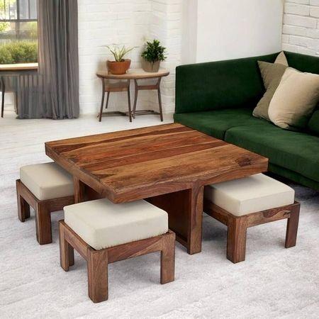 Blane Sheesham Wood Accent Coffee Table Set With 4 Stools In Natural Teak Finish