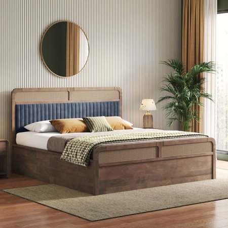 Hanoi Solid Wood Cane King Size Hydraulic Storage Bed In Danish Walnut Finish Fabric Davis Plus
