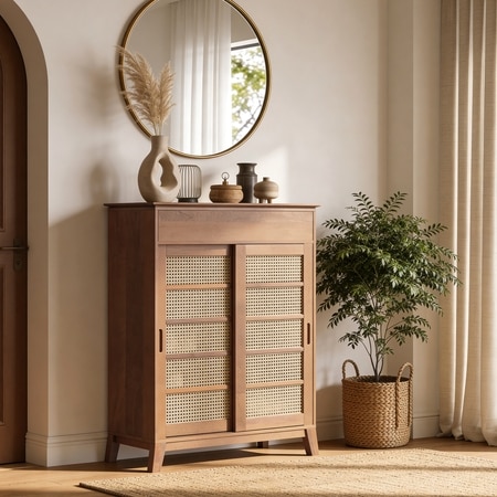 Fujiwara 20 Pair Solid Wood and Cane Shoe Cabinet With Drawer In Amber Walnut Finish