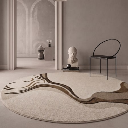 Handmade Round Wool Rug Modern Abstract Wave Brown Beige 6 Feet Carpet