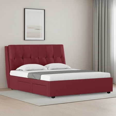 Bornholm Engineered Wood Queen Size Upholstered Bed With Drawer Storage (Burgundy Finish)