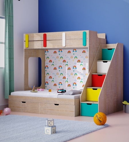 Pattern Dreams Bunk Bed  6X5 (Drawers On Wheels) In Oak & Teal Colour