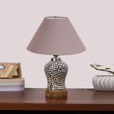 Devansh Conical Grey Cotton Shade Lamp With Wood & Mosaic Glass Base For Decoration/Office/Home/Gifting/Study For Decoration/Office/Home/Gifting/Study -(10X10X14.5) Inches -A