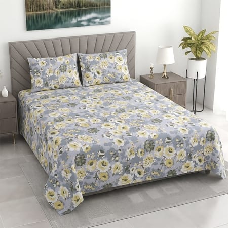 Light Grey floral 400 Tc Cotton Flat Super King Size Bedsheet With 2 Pillow Cover
