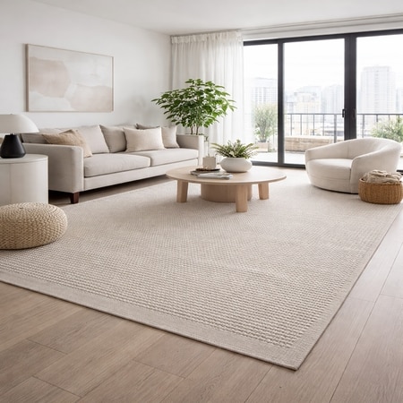 Pebble Weave Wool Rectangle Carpets Hand Knotted in Beige Colour