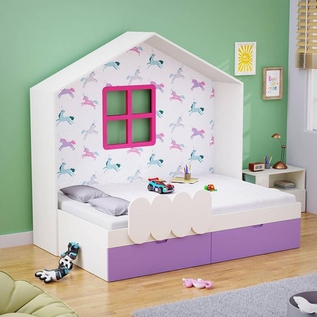 Little Hut Engineered Wood Drawer Storage Bed in White Colour