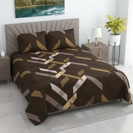 Yori Brown Geometric 400 TC Cotton Flat Double Queen Size Bedsheet with 2 Pillow Covers – Threads