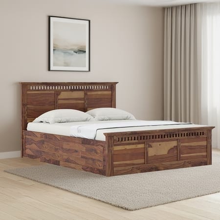 Fidora Solid Wood King Size Bed With Hydraulic Storage (Teak Finish)