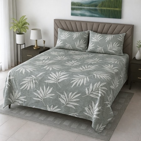 Rian Grey Floral 400 TC Cotton Flat Queen Size Bedsheet with 2 Pillow Covers – Threads