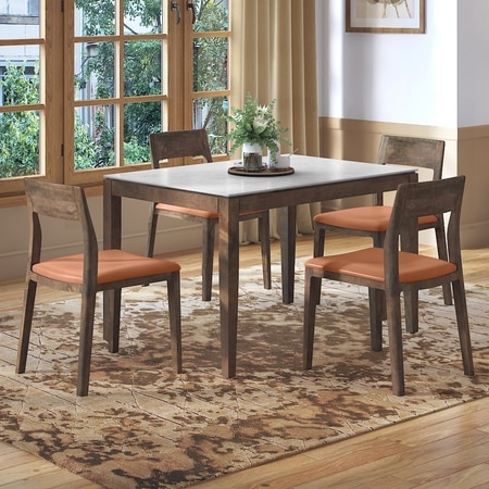 Emry Rectangular Statuario Ceramic 4 Seater Dining Table With 4 Clarke Dining Chairs (Finish : Danish Walnut, Chair Colour : Tan Leatherette)