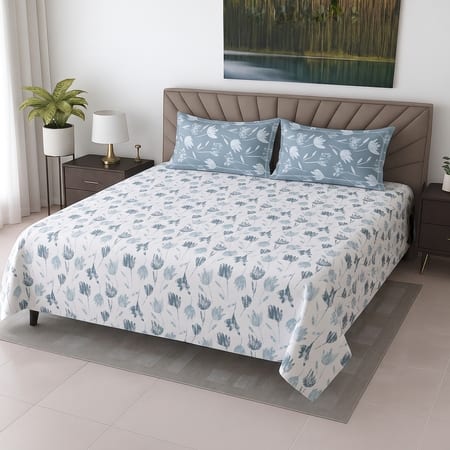 White Floral Cotton 400 Tc Flat Super King Size Bedsheet With 2 Pillow Covers