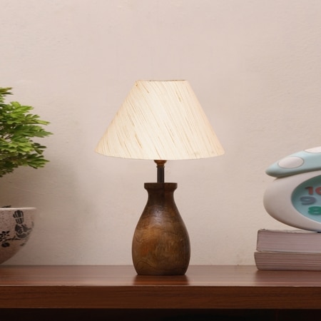 Devansh Off White Cotton Table Lamp With  Wood Natural Base (10X12.5 Inches)-25
