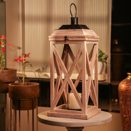 Ireka Homes Selena Wooden Lantern with Glass and Candle – Home Decor (Pack of 1)