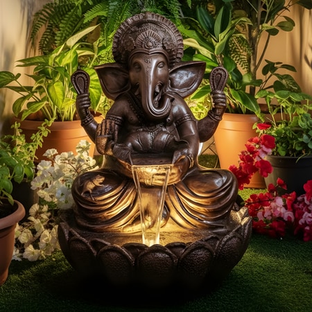 Copper Fiber Glass Lotus Ganesha Indoor Water Fountain