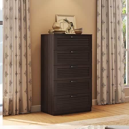 Bennis Engineered Wood Chest of 5 Drawers in Dark Walnut Finish