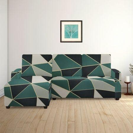 Left Aligned 2 Seater Left Aligned Chaise Green Triangles Sofa Cover