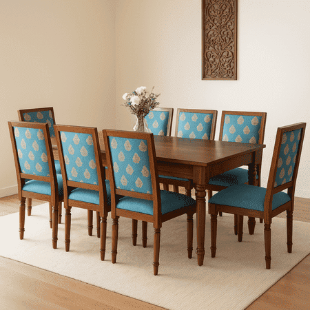 Globally Indian Sheesham Wood 8 Seater Dining Table Set With 8 Solid Wood Upholstered Chairs –  In Blue Color