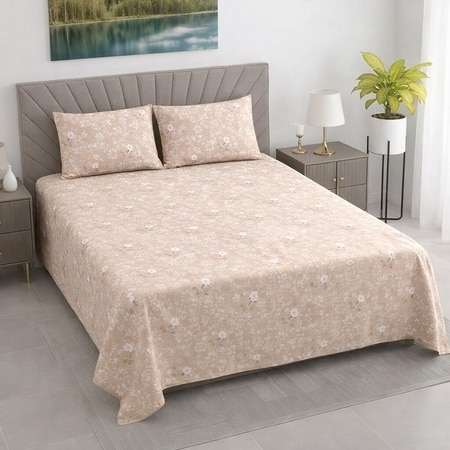 Kira Cream Floral 400 TC Cotton Flat Queen Size Bedsheet with 2 Pillow Covers – Threads