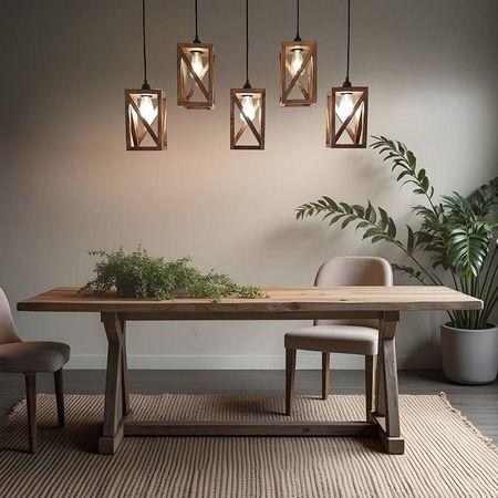 Symmetric 5 Series Brown Solid Wood Cluster Hanging Light