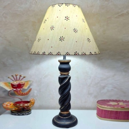 Leto Black & Gold Handmade Wooden Table in Rope design with a Handpainted Floral Design on Cotton Beige shade