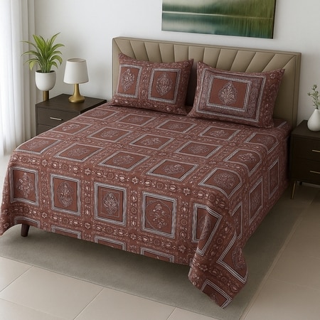 Carrot Floral 400 TC Cotton Flat Queen Size Bedsheet With 2 Pillow Covers From Threads