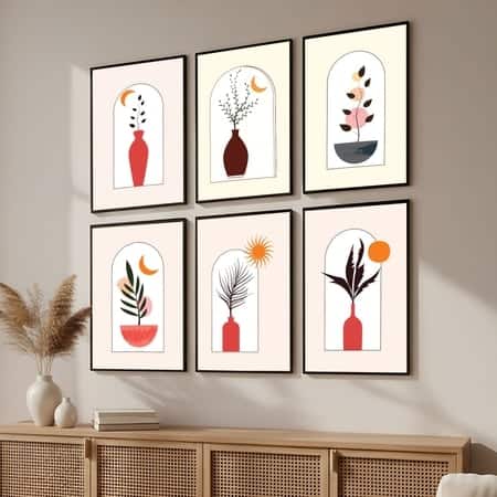 The Castle Decor Boho Abstract Botanical Wall Art Set of 6 Design 5 11x17 Inch