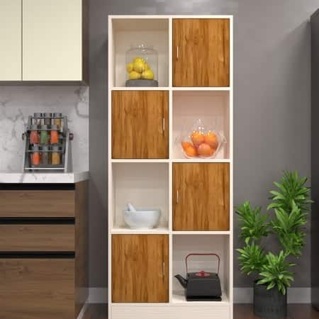 8 Shelves Semi Open Multipurpose Matrix Kitchen Cabinet In Plateau Apple & Highland Pine Finish